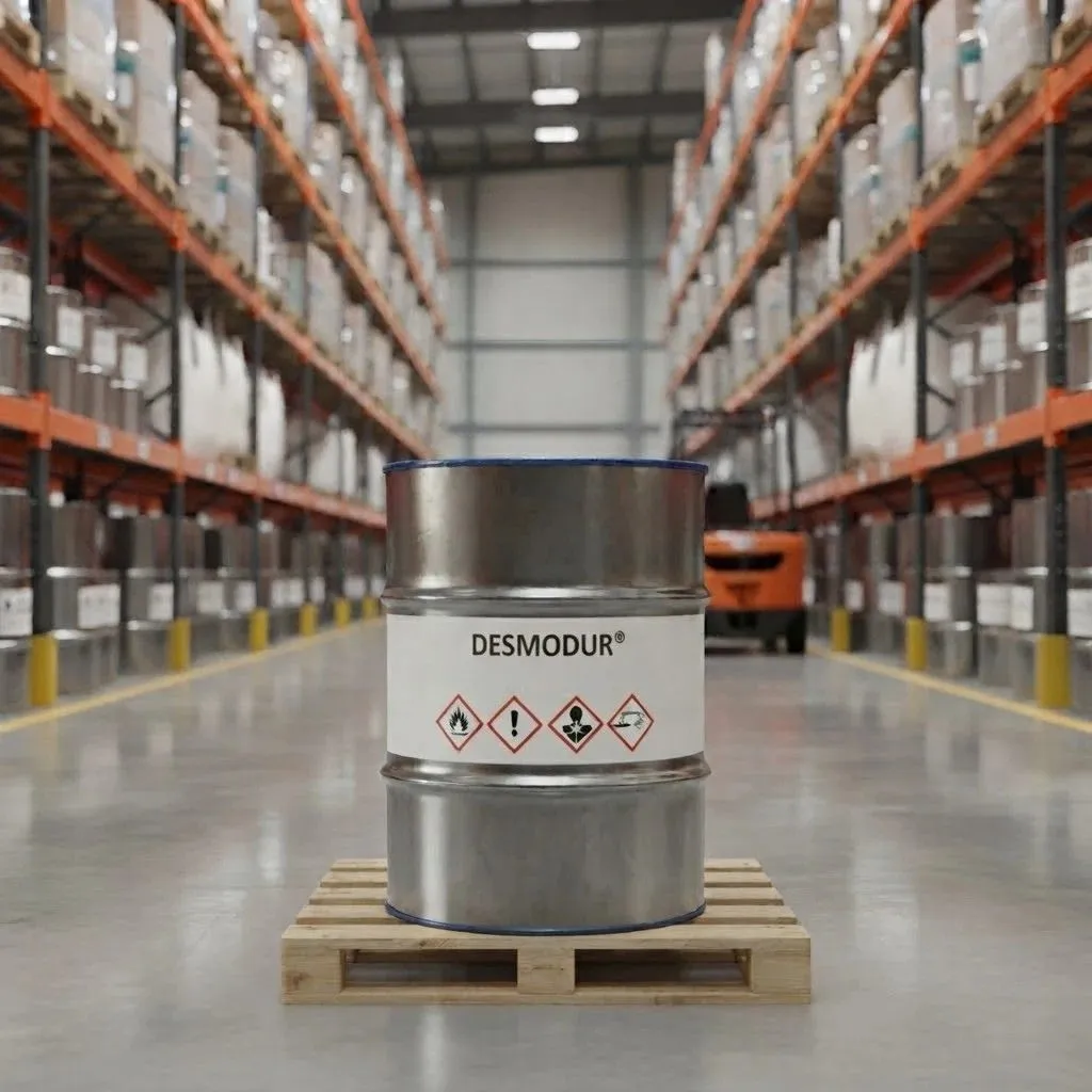 Bulk drums of Desmodur stored in an industrial warehouse