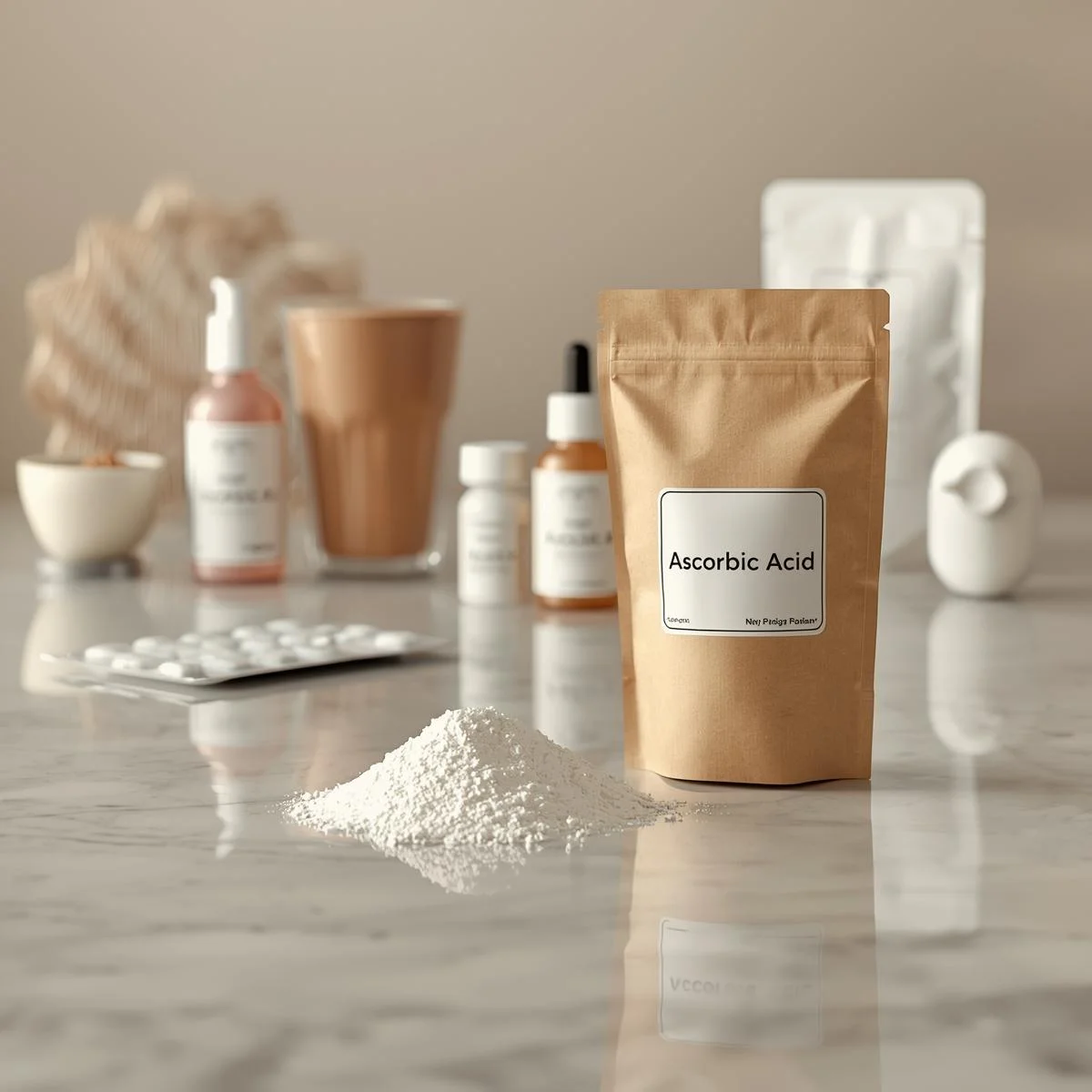 Ascorbic Acid packed in fiber drums and cartons ready for South African nutraceutical and food manufacturers.